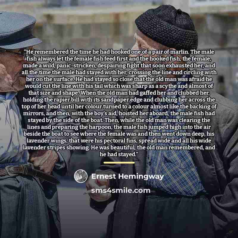 “He remembered the time he had hooked one of a pair of marlin. The male fish always let the female fish feed first and the hooked fish, the female, made a wild, panic-stricken, despairing fight that soon exhausted her, and all the time the male had stayed with her, crossing the line and circling…” quote by Ernest Hemingway