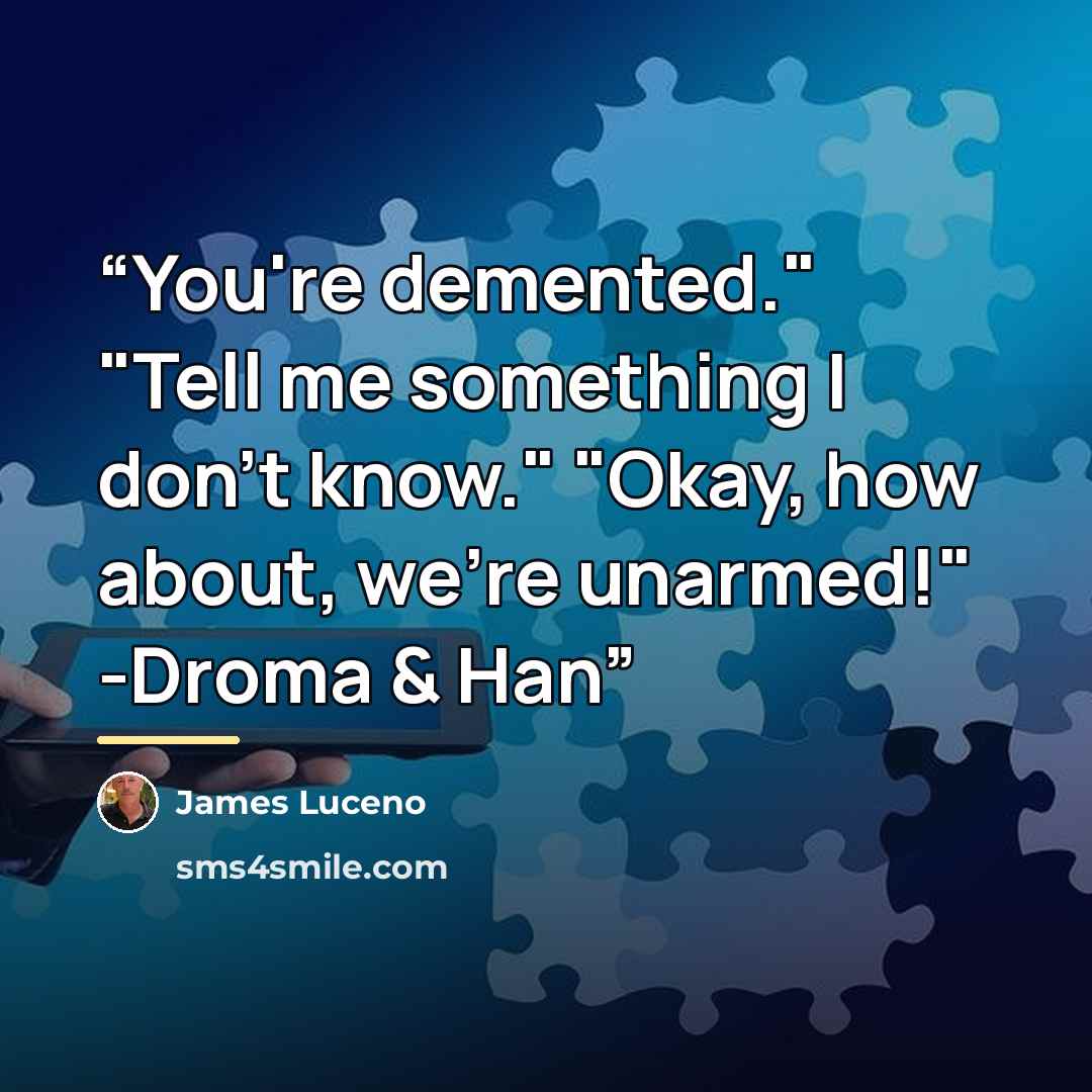 “You're demented." "Tell me something I don't know." "Okay, how about, we're unarmed!" -Droma & Han” quote by James Luceno