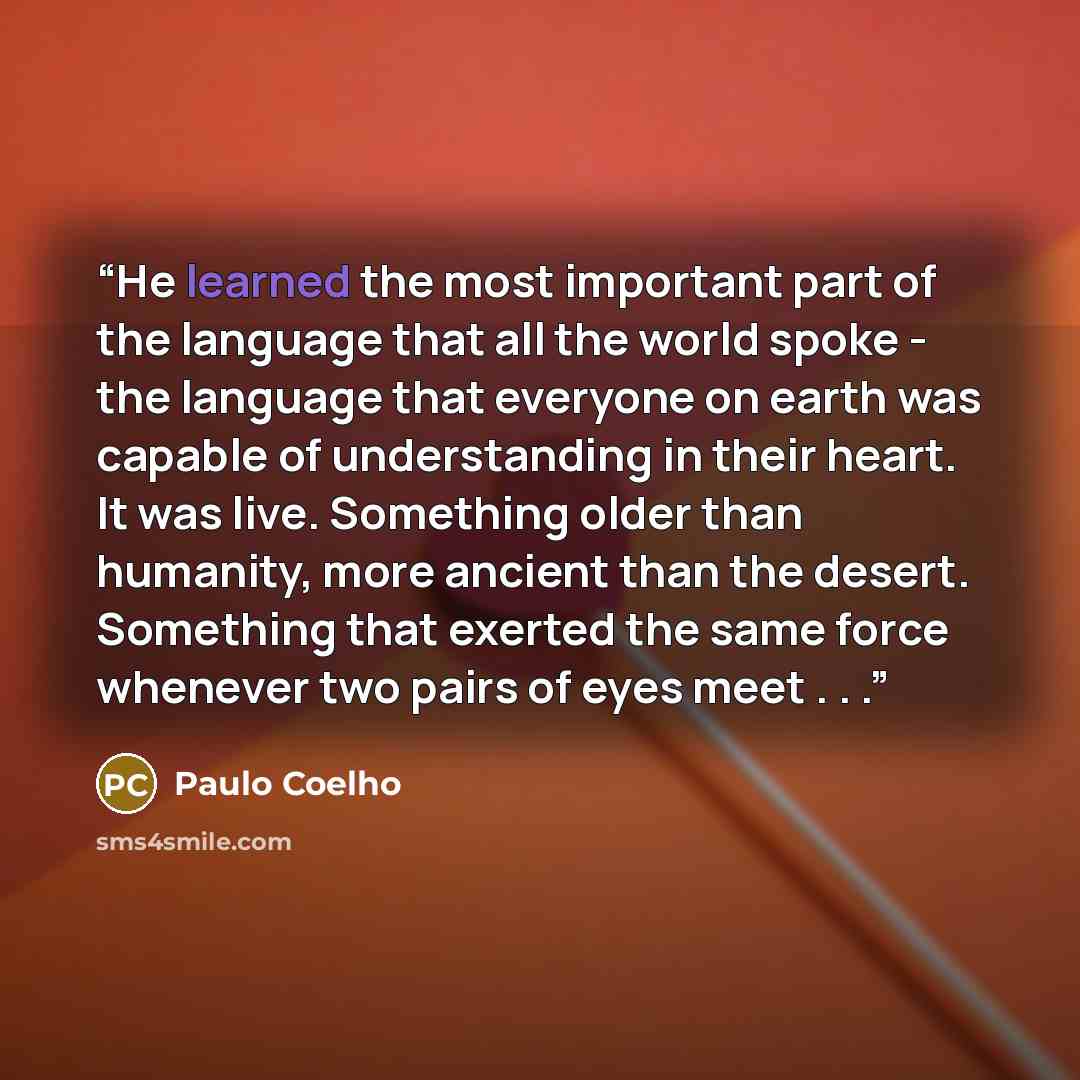 “He learned the most important part of the language that all the world spoke - the language that everyone on earth was capable of understanding in their heart. It was live. Something older than humanity, more ancient than the desert. Something that exerted the same force whenever two pairs of eyes…” quote by Paulo Coelho