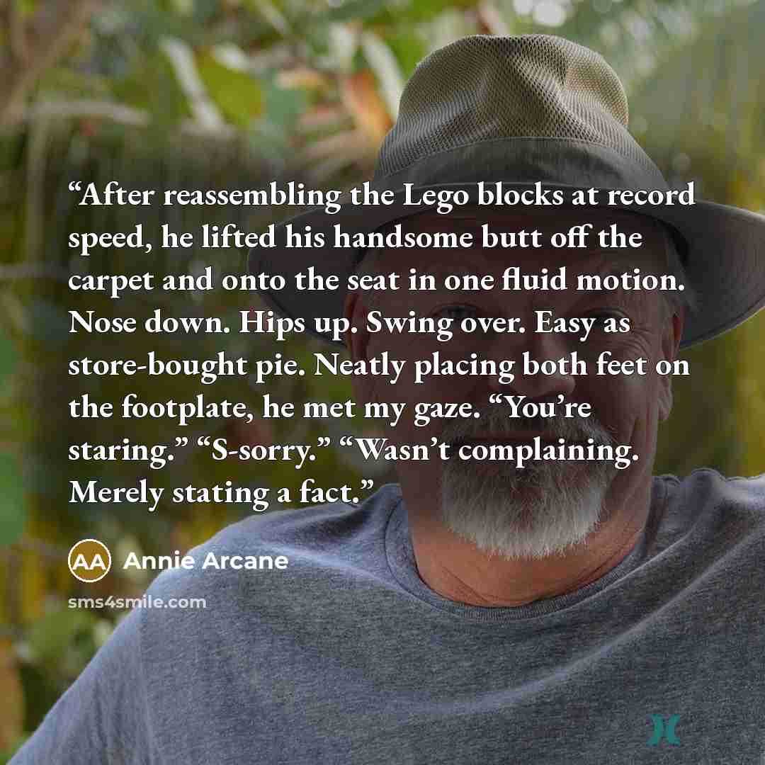 “After reassembling the Lego blocks at record speed, he lifted his handsome butt off the carpet and onto the seat in one fluid motion. Nose down. Hips up. Swing over. Easy as store-bought pie. Neatly placing both feet on the footplate, he met my gaze. “You’re staring.” “S-sorry.” “Wasn’t…” quote by Annie Arcane
