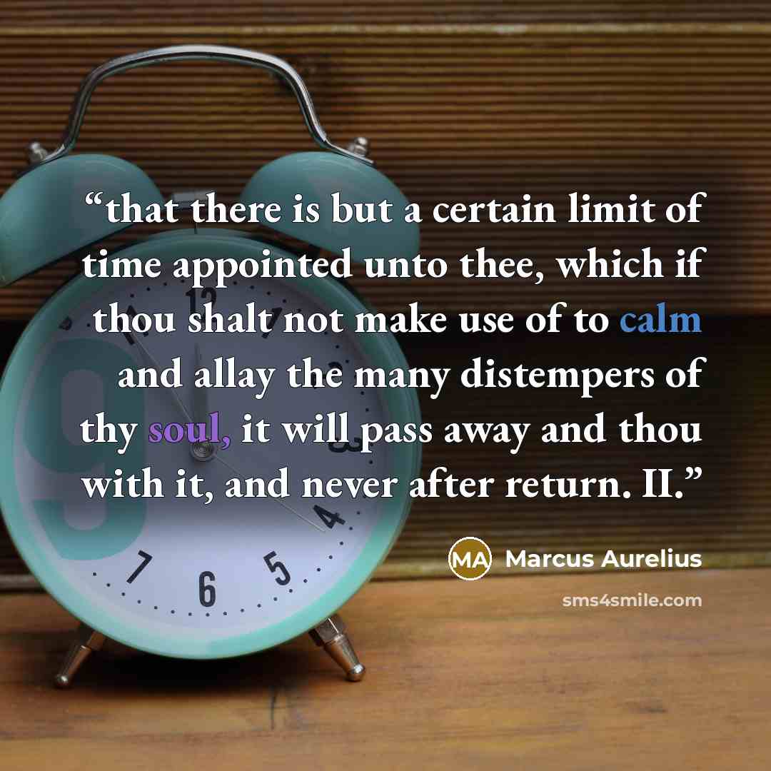“that there is but a certain limit of time appointed unto thee, which if thou shalt not make use of to calm and allay the many distempers of thy soul, it will pass away and thou with it, and never after return. II.” quote by Marcus Aurelius