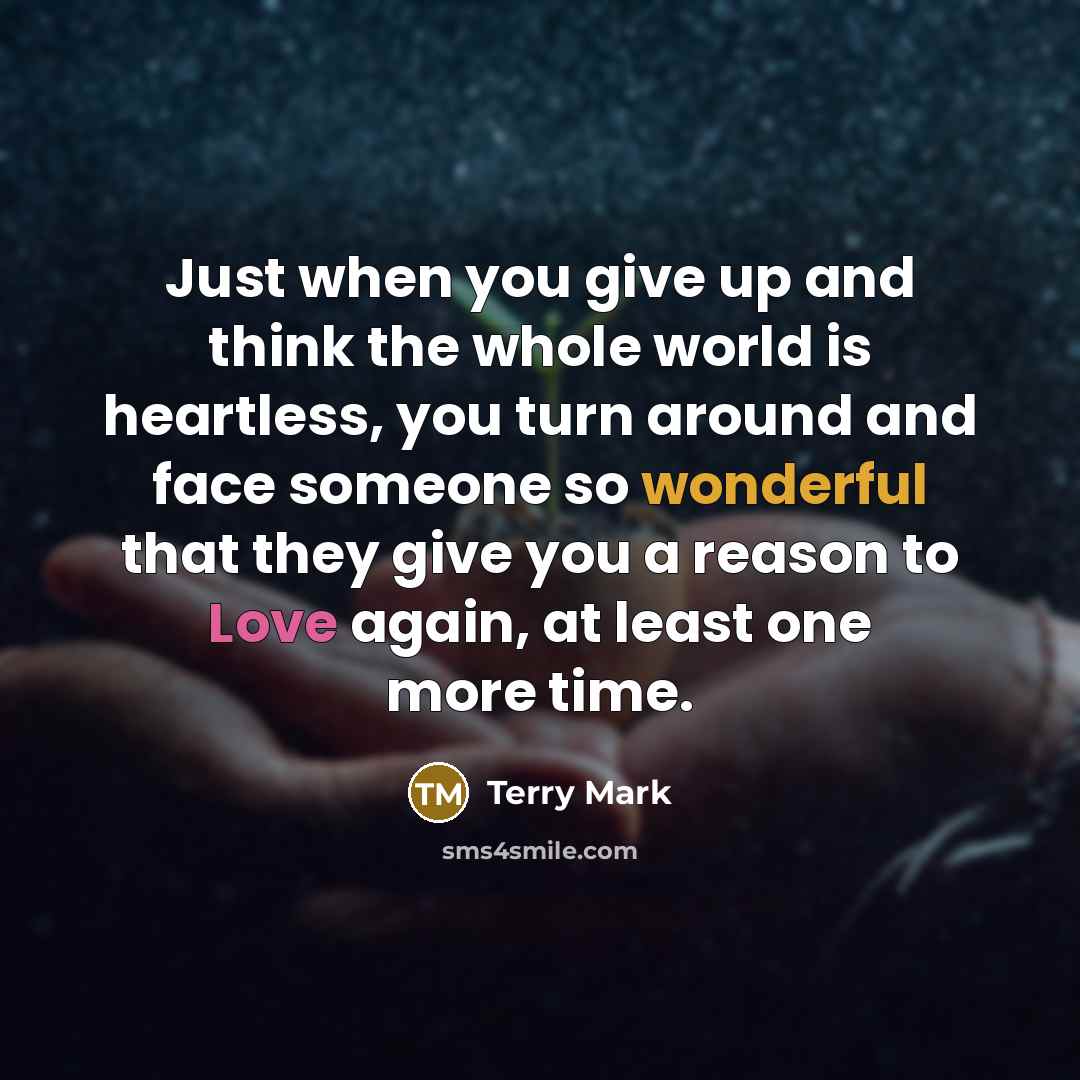 “Just when you give up and think the whole world is heartless, you turn around and face someone so wonderful that they give you a reason to Love again, at least one more time.” quote by Terry Mark