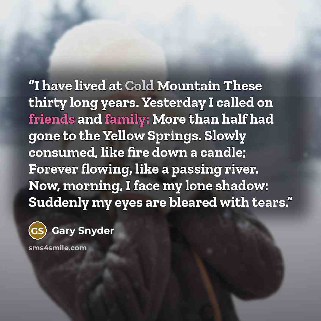“I have lived at Cold Mountain These thirty long years. Yesterday I called on friends and family: More than half had gone to the Yellow Springs. Slowly consumed, like fire down a candle; Forever flowing, like a passing river. Now, morning, I face my lone shadow: Suddenly my eyes are bleared with…” quote by Gary Snyder
