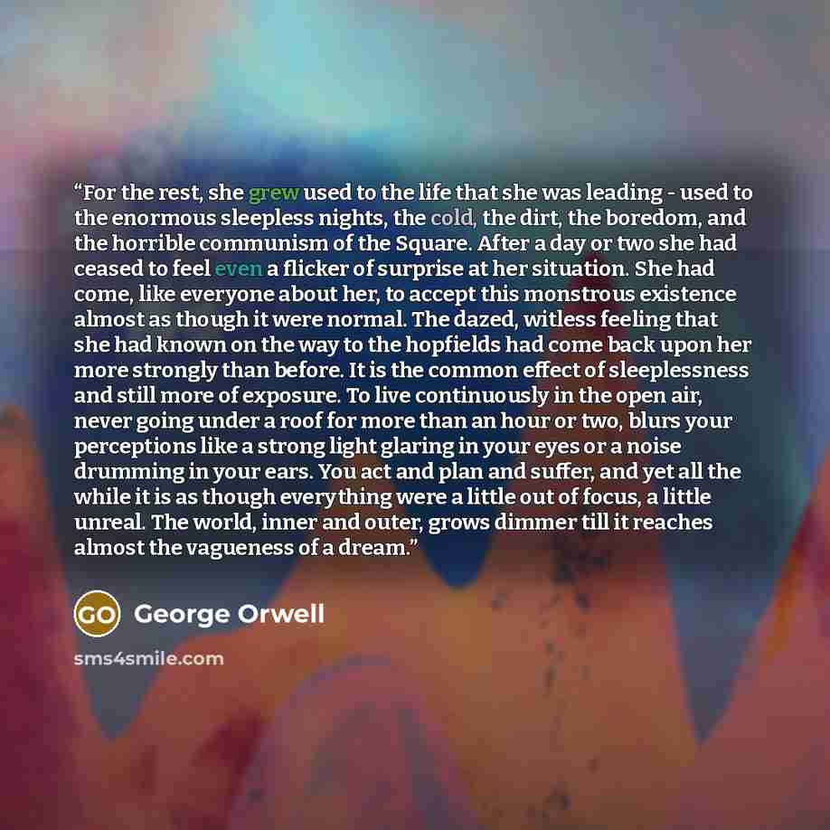 “For the rest, she grew used to the life that she was leading - used to the enormous sleepless nights, the cold, the dirt, the boredom, and the horrible communism of the Square. After a day or two she had ceased to feel even a flicker of surprise at her situation. She had come, like everyone about…” quote by George Orwell