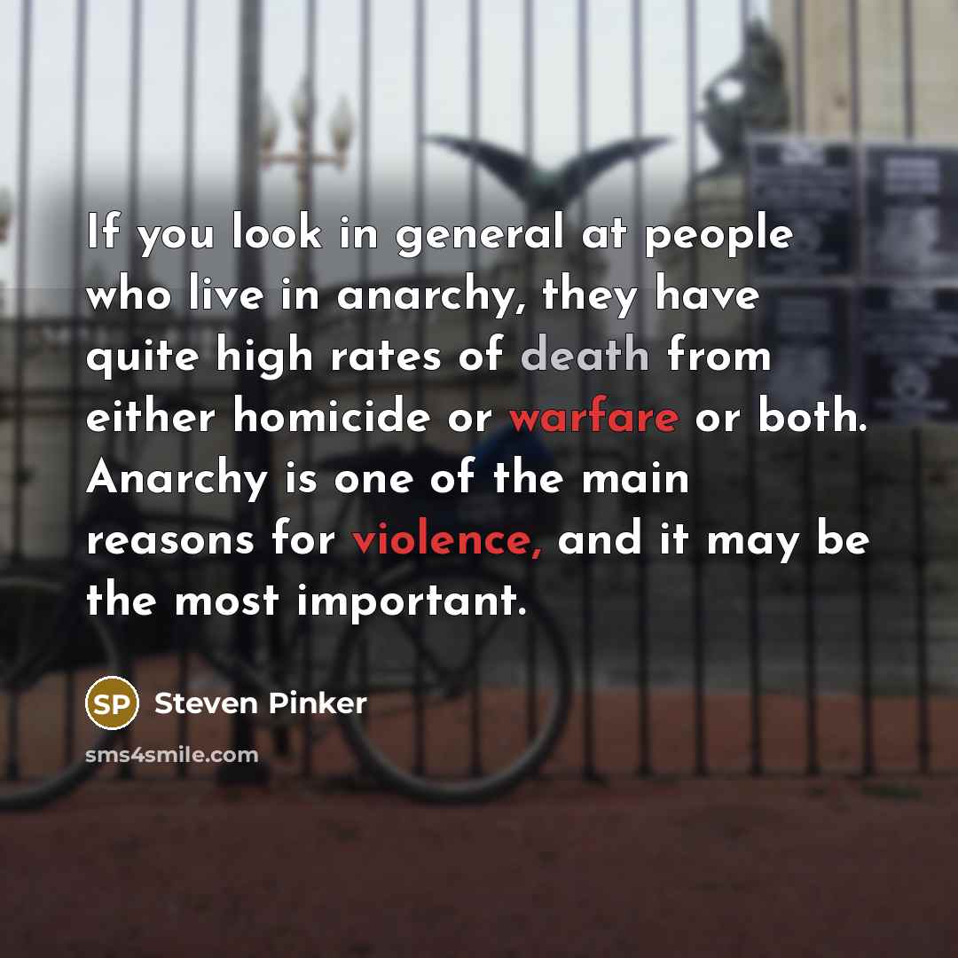 “If you look in general at people who live in anarchy, they have quite high rates of death from either homicide or warfare or both. Anarchy is one of the main reasons for violence, and it may be the most important.” quote by Steven Pinker