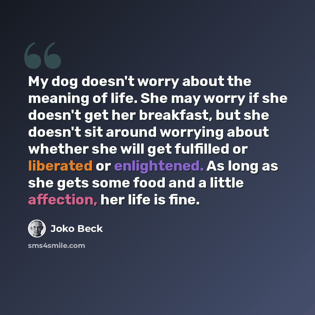 “My dog doesn't worry about the meaning of life. She may worry if she doesn't get her breakfast, but she doesn't sit around worrying about whether she will get fulfilled or liberated or enlightened. As long as she gets some food and a little affection, her life is fine.” quote by Joko Beck