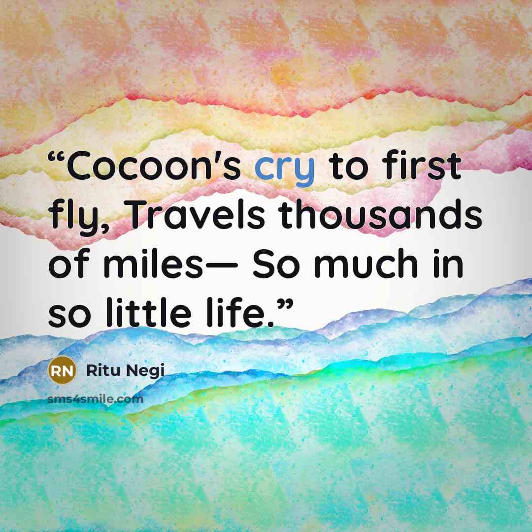 “Cocoon's cry to first fly, Travels thousands of miles— So much in so little life.” quote by Ritu Negi