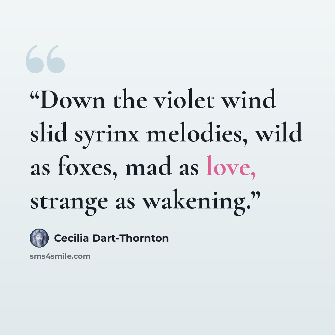“Down the violet wind slid syrinx melodies, wild as foxes, mad as love, strange as wakening.” quote by Cecilia Dart-Thornton