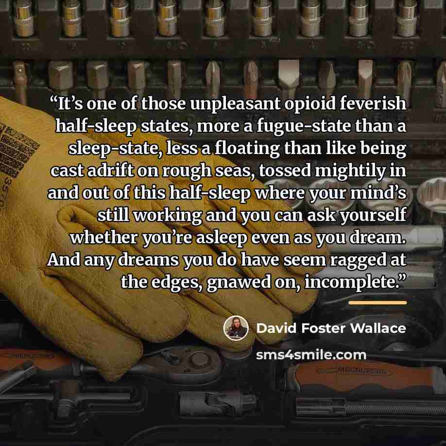 “It’s one of those unpleasant opioid feverish half-sleep states, more a fugue-state than a sleep-state, less a floating than like being cast adrift on rough seas, tossed mightily in and out of this half-sleep where your mind’s still working and you can ask yourself whether you’re asleep even as you…” quote by David Foster Wallace