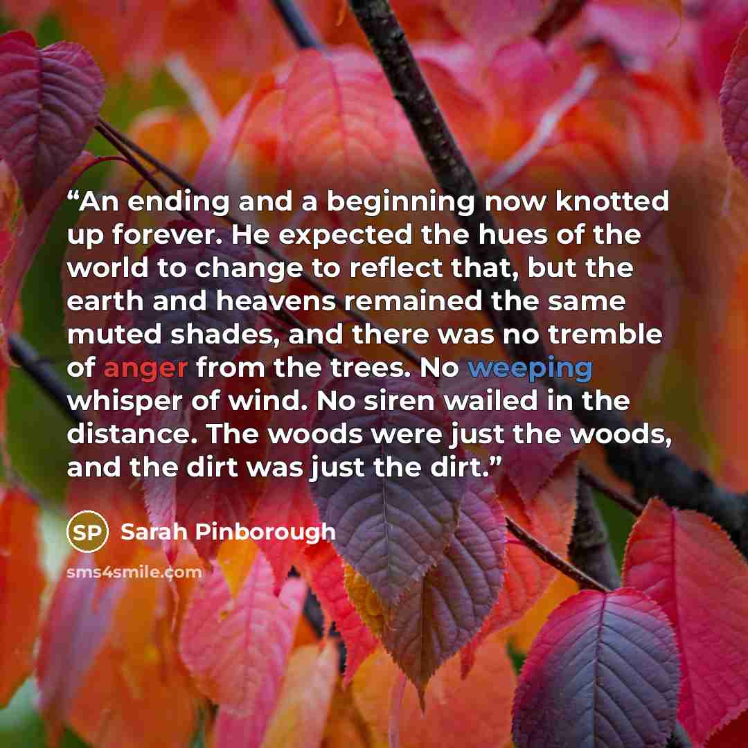 “An ending and a beginning now knotted up forever. He expected the hues of the world to change to reflect that, but the earth and heavens remained the same muted shades, and there was no tremble of anger from the trees. No weeping whisper of wind. No siren wailed in the distance. The woods were…” quote by Sarah Pinborough