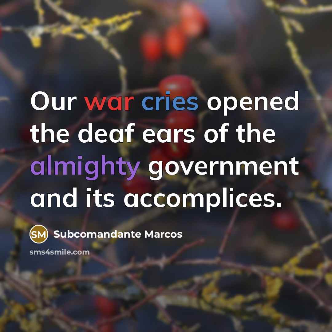 “Our war cries opened the deaf ears of the almighty government and its accomplices.” quote by Subcomandante Marcos