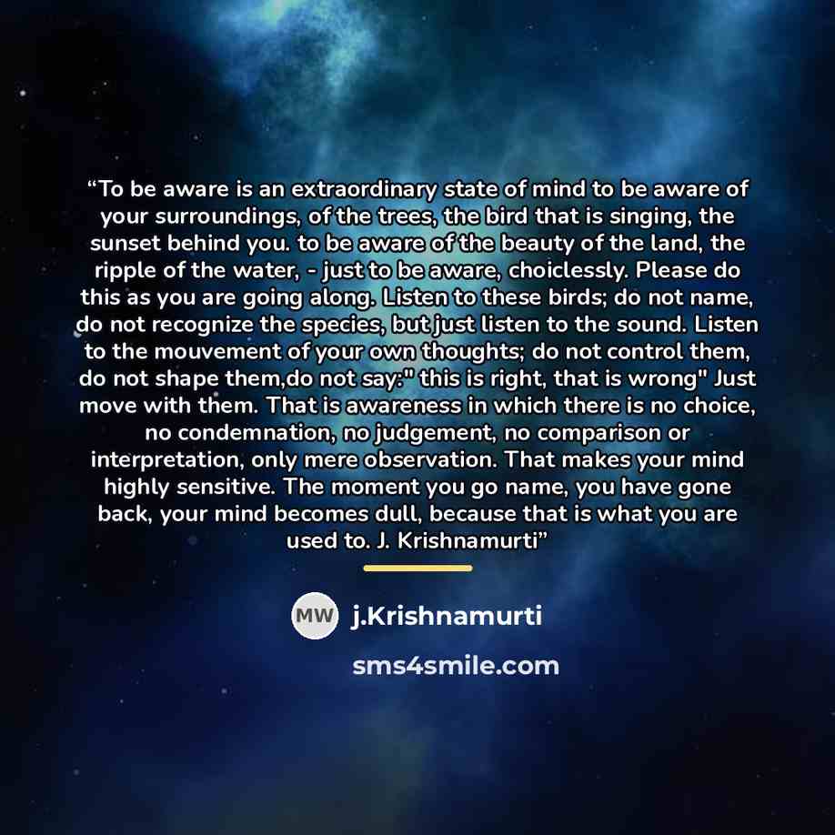 “To be aware is an extraordinary state of mind to be aware of your surroundings, of the trees, the bird that is singing, the sunset behind you. to be aware of the beauty of the land, the ripple of the water, - just to be aware, choiclessly. Please do this as you are going along. Listen to these…” quote by j.Krishnamurti