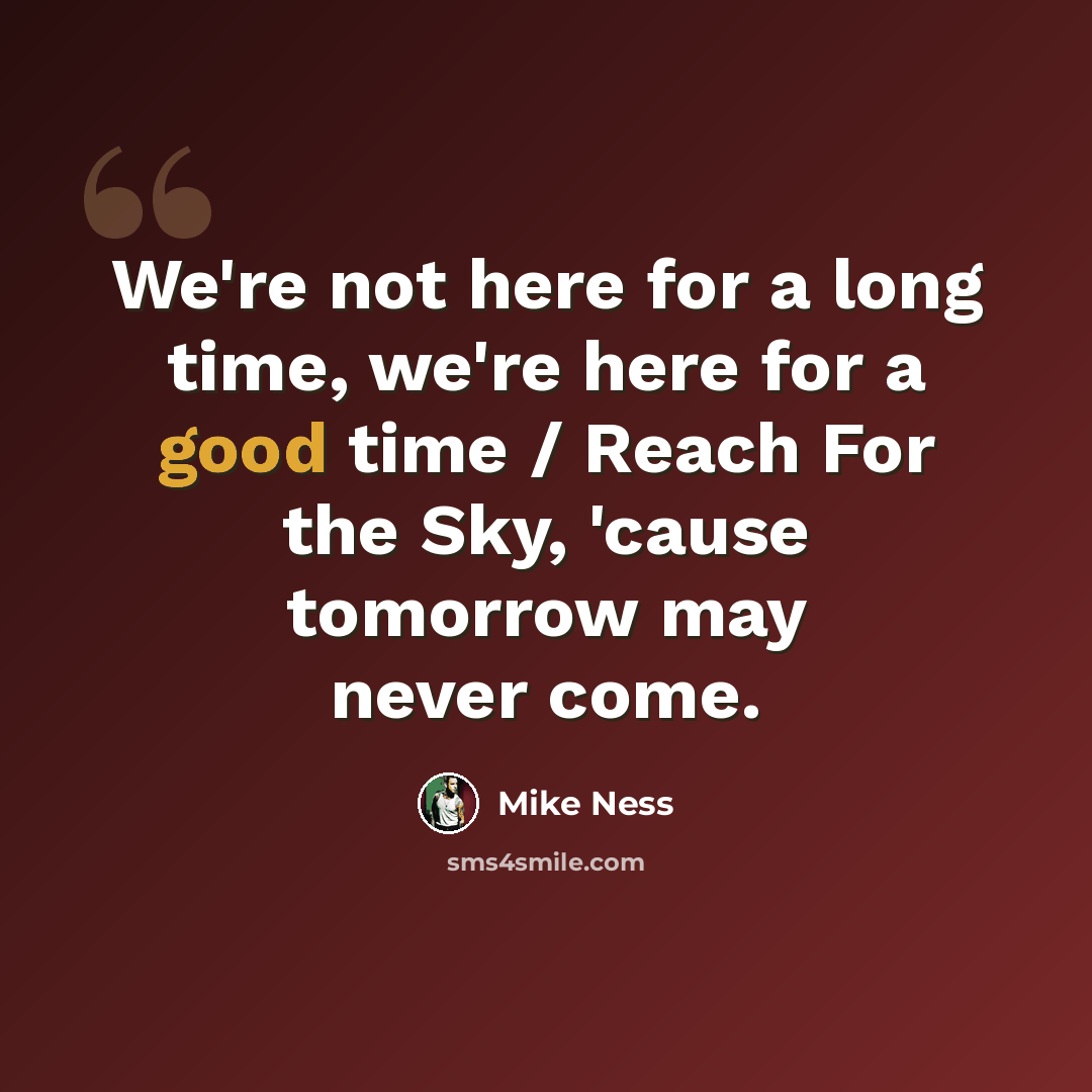 “We're not here for a long time, we're here for a good time / Reach For the Sky, 'cause tomorrow may never come.” quote by Mike Ness