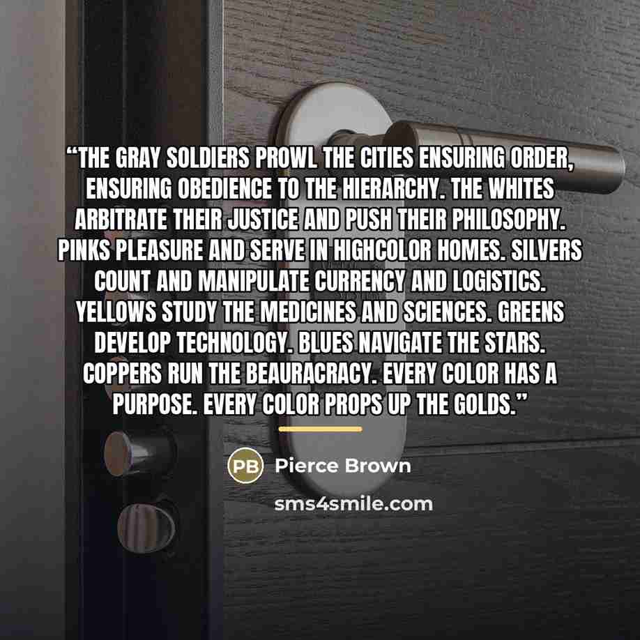 “The Gray soldiers prowl the cities ensuring order, ensuring obedience to the hierarchy. The Whites arbitrate their justice and push their philosophy. Pinks pleasure and serve in highColor homes. Silvers count and manipulate currency and logistics. Yellows study the medicines and sciences. Greens…” quote by Pierce Brown