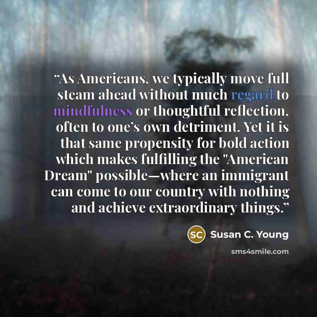 “As Americans, we typically move full steam ahead without much regard to mindfulness or thoughtful reflection, often to one’s own detriment. Yet it is that same propensity for bold action which makes fulfilling the "American Dream" possible—where an immigrant can come to our country with nothing…” quote by Susan C. Young