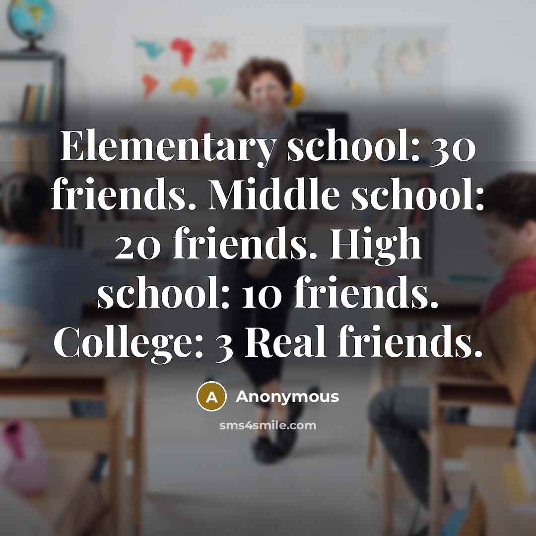 “Elementary school: 30 friends. Middle school: 20 friends. High school: 10 friends. College: 3 Real friends.” quote by Anonymous