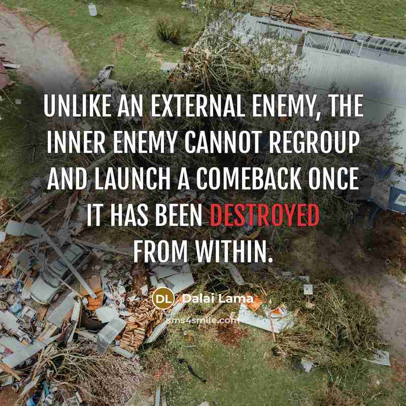 “Unlike an external enemy, the inner enemy cannot regroup and launch a comeback once it has been destroyed from within.” quote by Dalai Lama