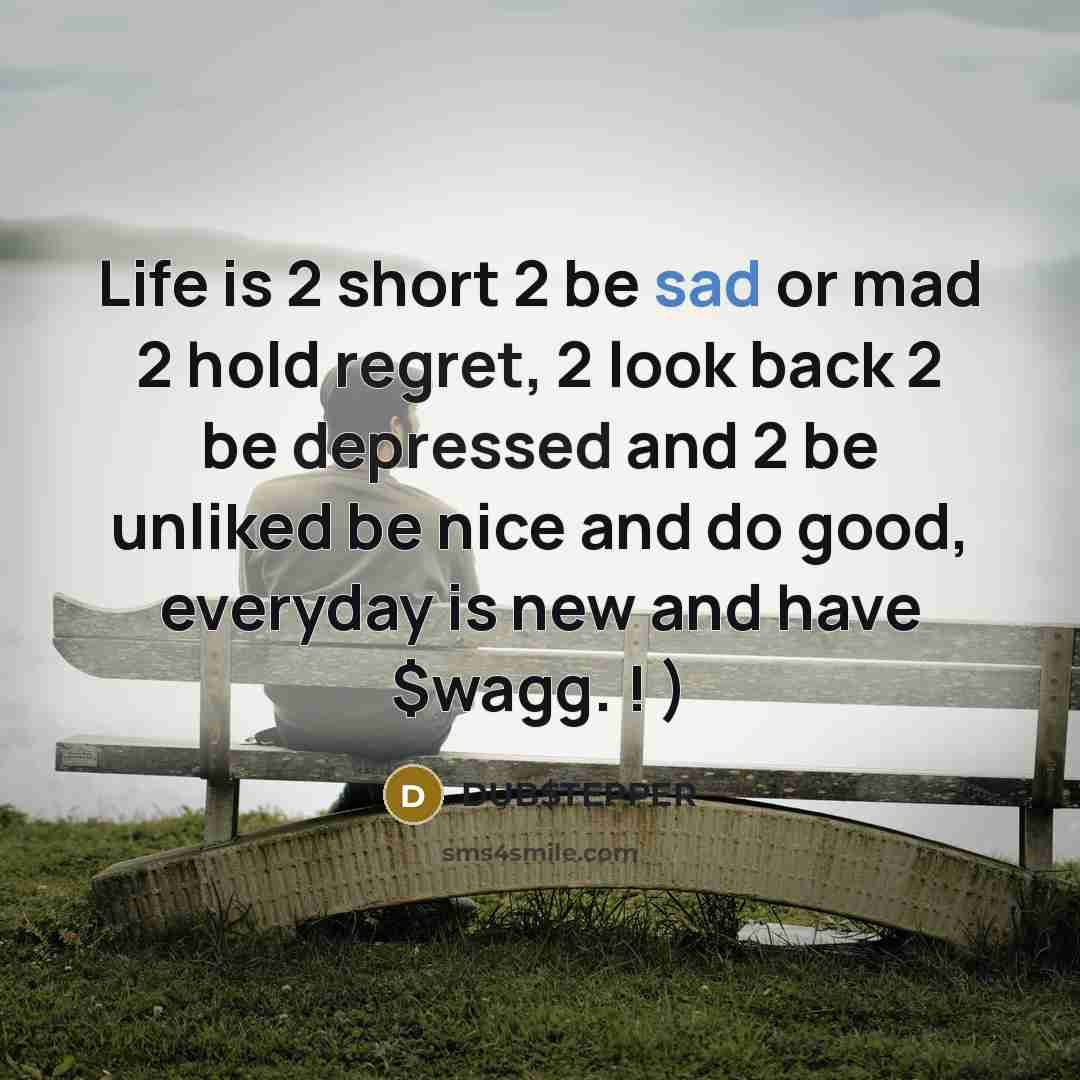 “Life is 2 short 2 be sad or mad 2 hold regret, 2 look back 2 be depressed and 2 be unliked be nice and do good, everyday is new and have $wagg. ! )” quote by DUB$TEPPER