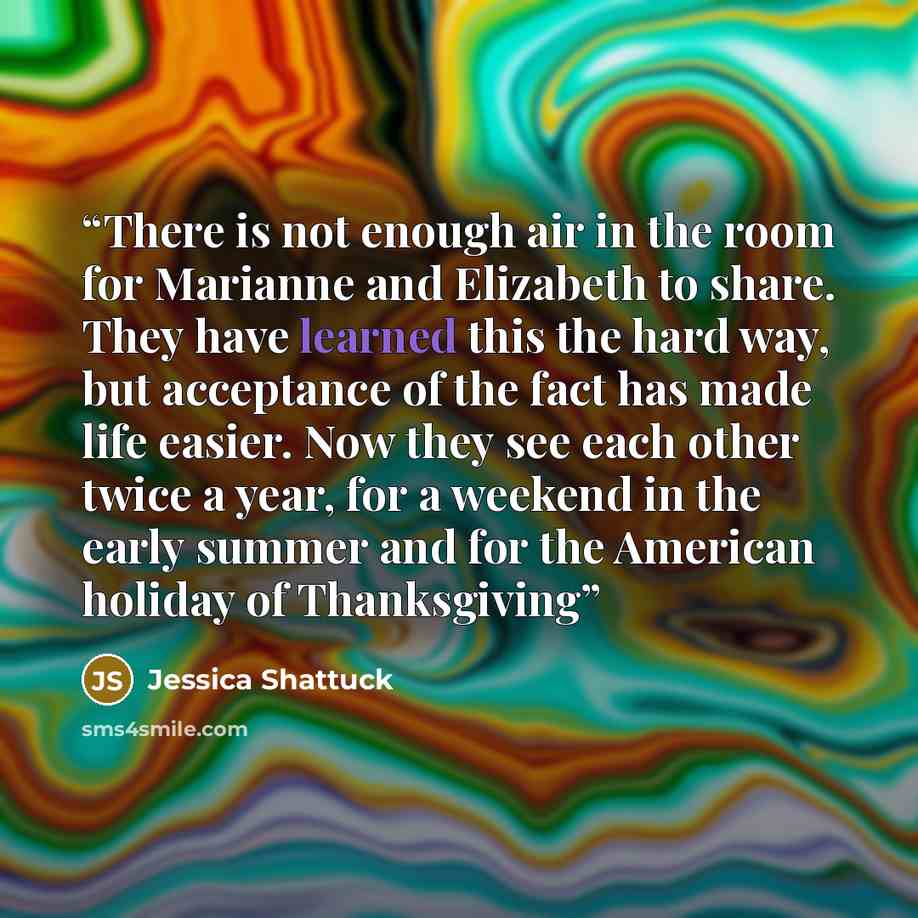 “There is not enough air in the room for Marianne and Elizabeth to share. They have learned this the hard way, but acceptance of the fact has made life easier. Now they see each other twice a year, for a weekend in the early summer and for the American holiday of Thanksgiving” quote by Jessica Shattuck