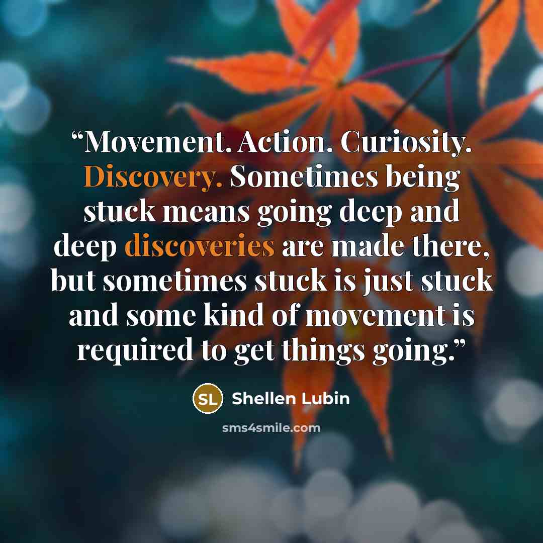 “Movement. Action. Curiosity. Discovery. Sometimes being stuck means going deep and deep discoveries are made there, but sometimes stuck is just stuck and some kind of movement is required to get things going.” quote by Shellen Lubin