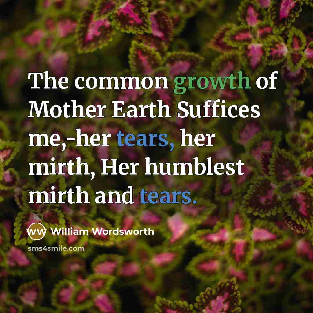 “The common growth of Mother Earth Suffices me,-her tears, her mirth, Her humblest mirth and tears.” quote by William Wordsworth