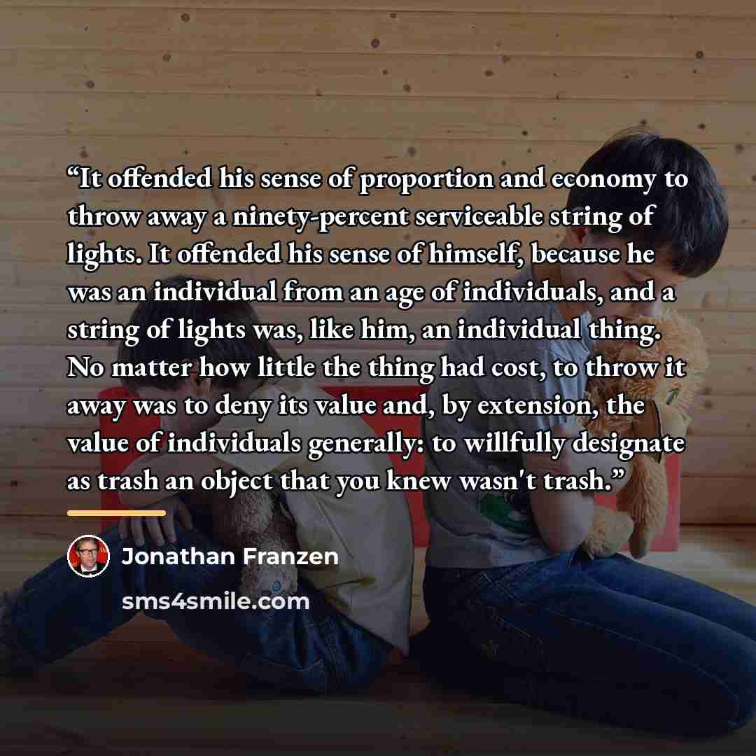 “It offended his sense of proportion and economy to throw away a ninety-percent serviceable string of lights. It offended his sense of himself, because he was an individual from an age of individuals, and a string of lights was, like him, an individual thing. No matter how little the thing had…” quote by Jonathan Franzen