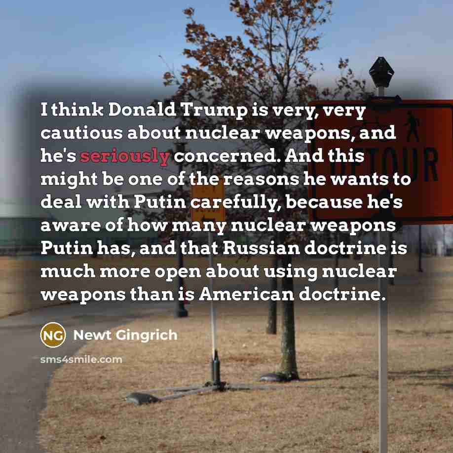 “I think Donald Trump is very, very cautious about nuclear weapons, and he's seriously concerned. And this might be one of the reasons he wants to deal with Putin carefully, because he's aware of how many nuclear weapons Putin has, and that Russian doctrine is much more open about using nuclear…” quote by Newt Gingrich