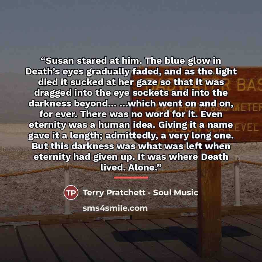 “Susan stared at him. The blue glow in Death’s eyes gradually faded, and as the light died it sucked at her gaze so that it was dragged into the eye sockets and into the darkness beyond… …which went on and on, for ever. There was no word for it. Even eternity was a human idea. Giving it a name gave…” quote by Terry Pratchett - Soul Music