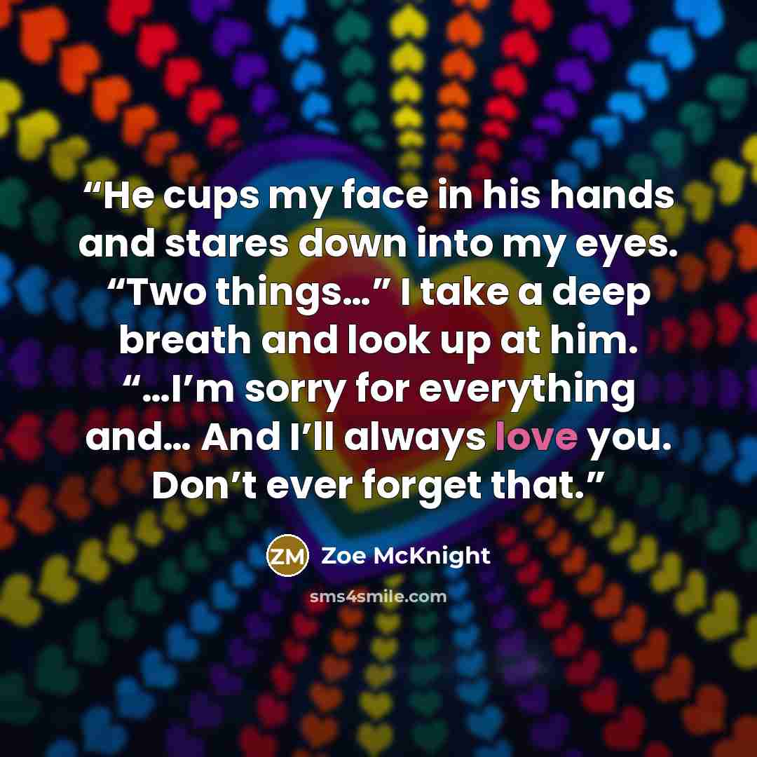 “He cups my face in his hands and stares down into my eyes. “Two things…” I take a deep breath and look up at him. “…I’m sorry for everything and… And I’ll always love you. Don’t ever forget that.” quote by Zoe McKnight