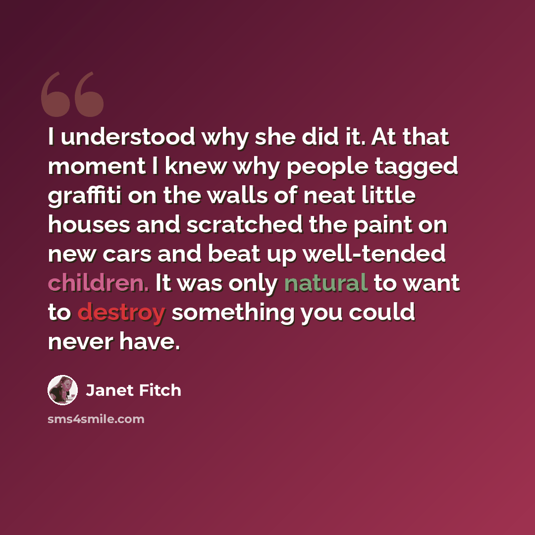 “I understood why she did it. At that moment I knew why people tagged graffiti on the walls of neat little houses and scratched the paint on new cars and beat up well-tended children. It was only natural to want to destroy something you could never have.” quote by Janet Fitch