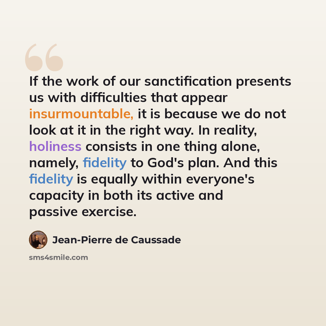 “If the work of our sanctification presents us with difficulties that appear insurmountable, it is because we do not look at it in the right way. In reality, holiness consists in one thing alone, namely, fidelity to God's plan. And this fidelity is equally within everyone's capacity in both its…” quote by Jean-Pierre de Caussade