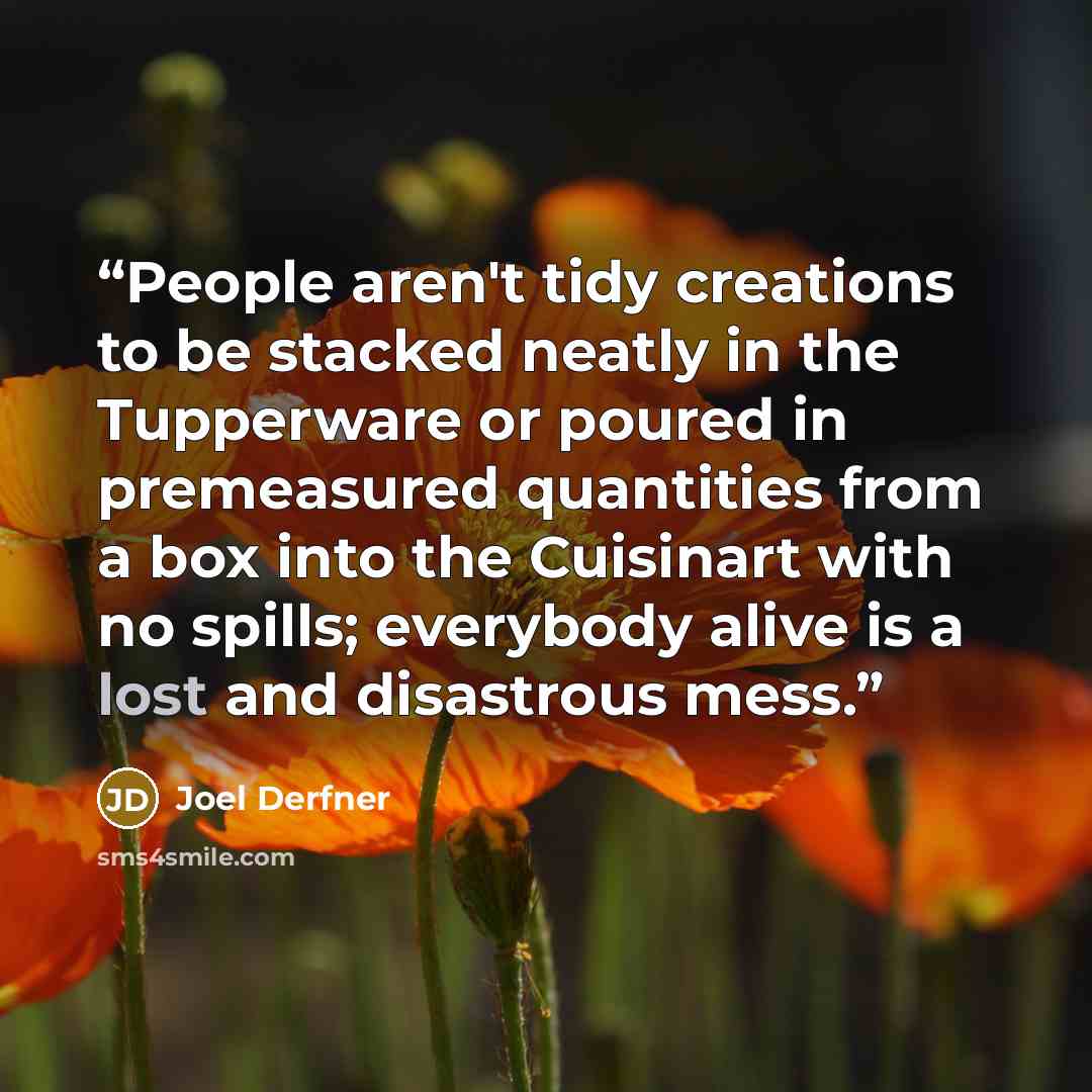 “People aren't tidy creations to be stacked neatly in the Tupperware or poured in premeasured quantities from a box into the Cuisinart with no spills; everybody alive is a lost and disastrous mess.” quote by Joel Derfner