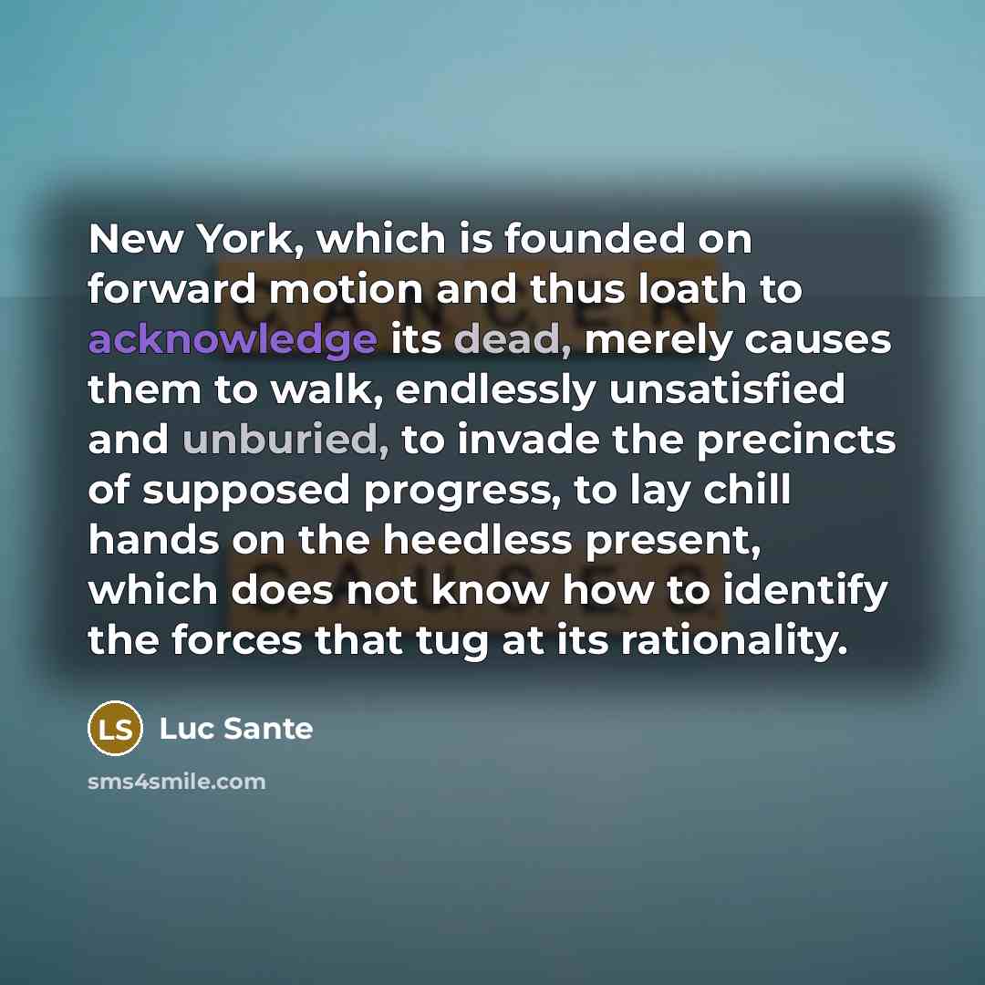 “New York, which is founded on forward motion and thus loath to acknowledge its dead, merely causes them to walk, endlessly unsatisfied and unburied, to invade the precincts of supposed progress, to lay chill hands on the heedless present, which does not know how to identify the forces that tug at…” quote by Luc Sante
