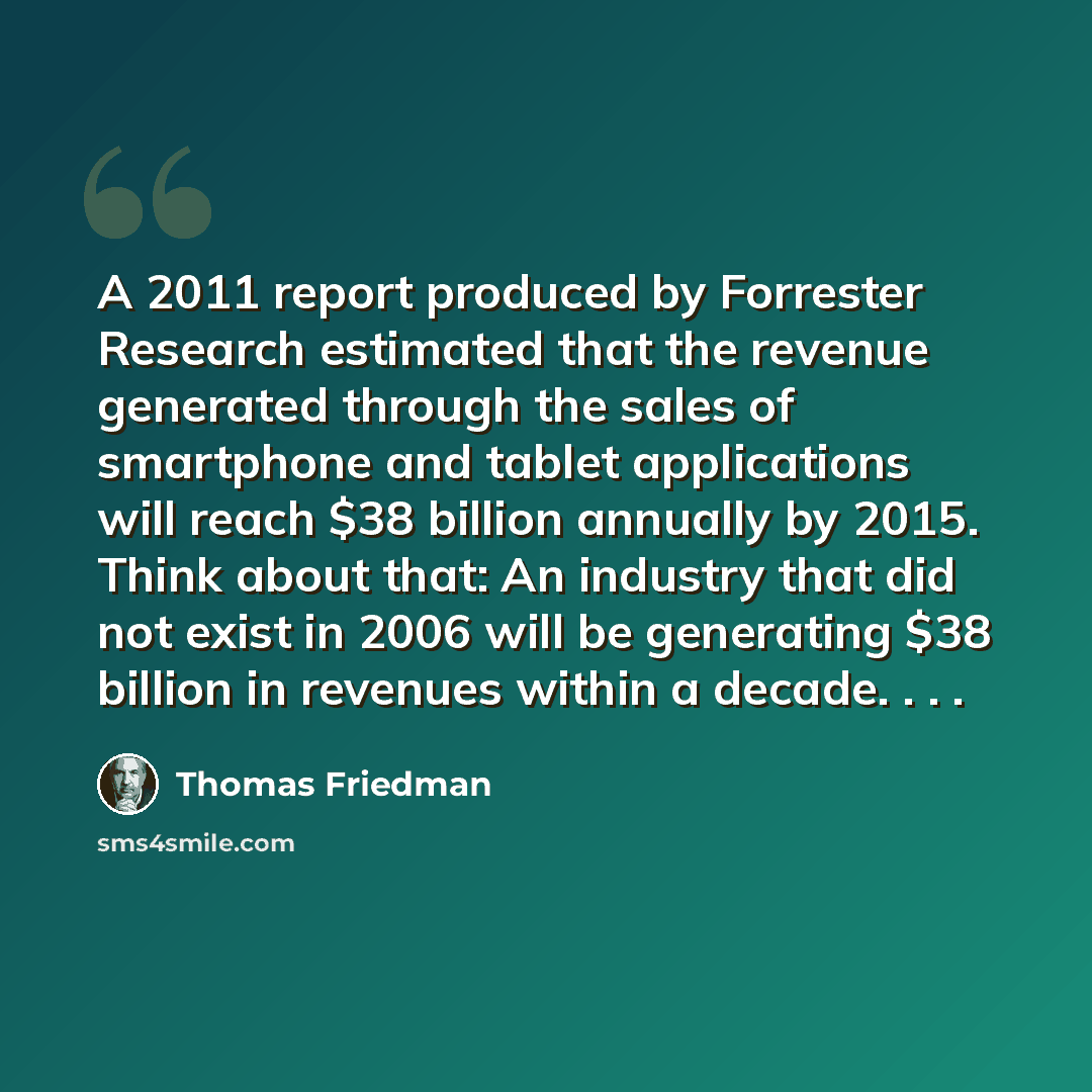 “A 2011 report produced by Forrester Research estimated that the revenue generated through the sales of smartphone and tablet applications will reach $38 billion annually by 2015. Think about that: An industry that did not exist in 2006 will be generating $38 billion in revenues within a decade…” quote by Thomas Friedman