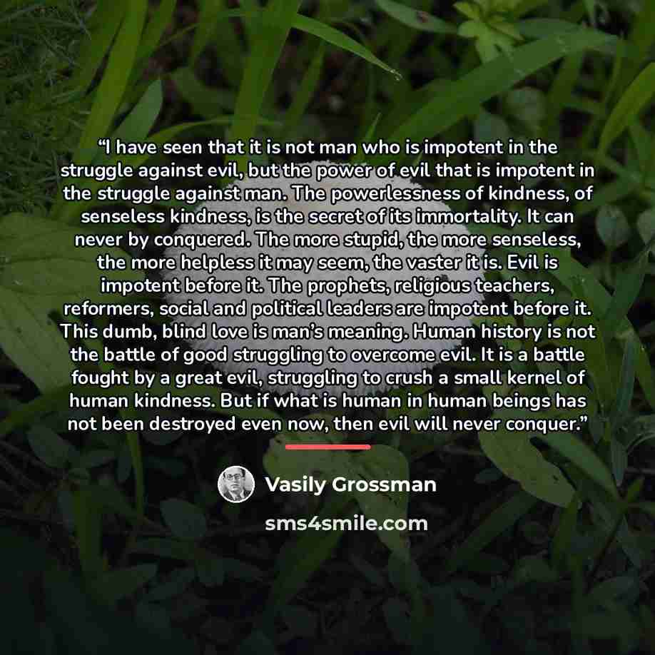 “I have seen that it is not man who is impotent in the struggle against evil, but the power of evil that is impotent in the struggle against man. The powerlessness of kindness, of senseless kindness, is the secret of its immortality. It can never by conquered. The more stupid, the more senseless…” quote by Vasily Grossman