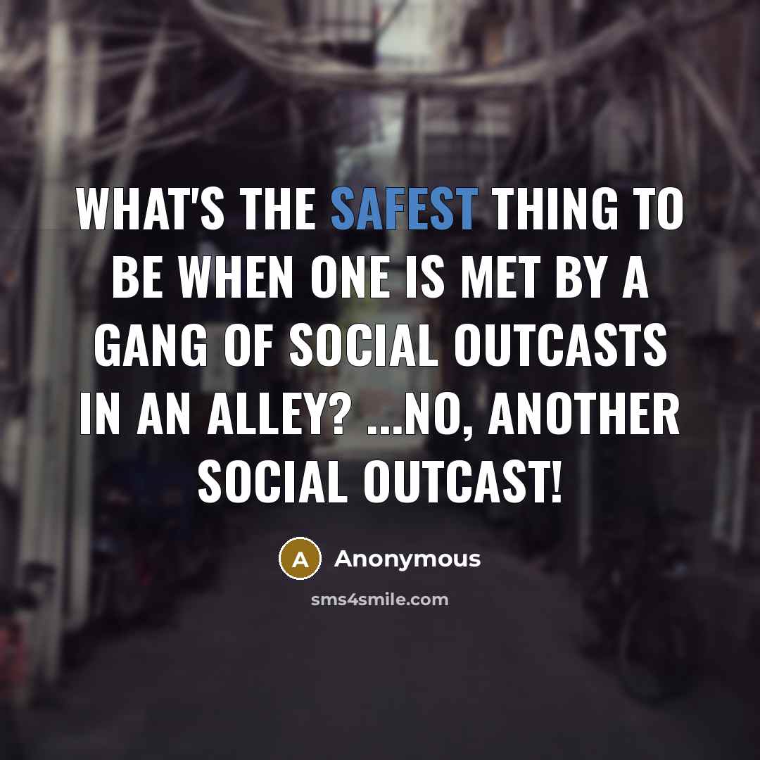 “What's the safest thing to be when one is met by a gang of social outcasts in an alley? ...No, another social outcast!” quote by Anonymous