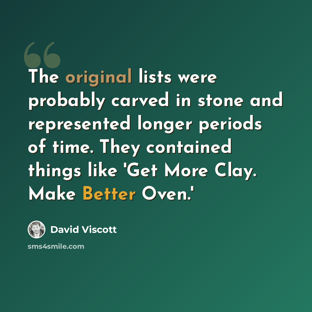 “The original lists were probably carved in stone and represented longer periods of time. They contained things like 'Get More Clay. Make Better Oven.'” quote by David Viscott
