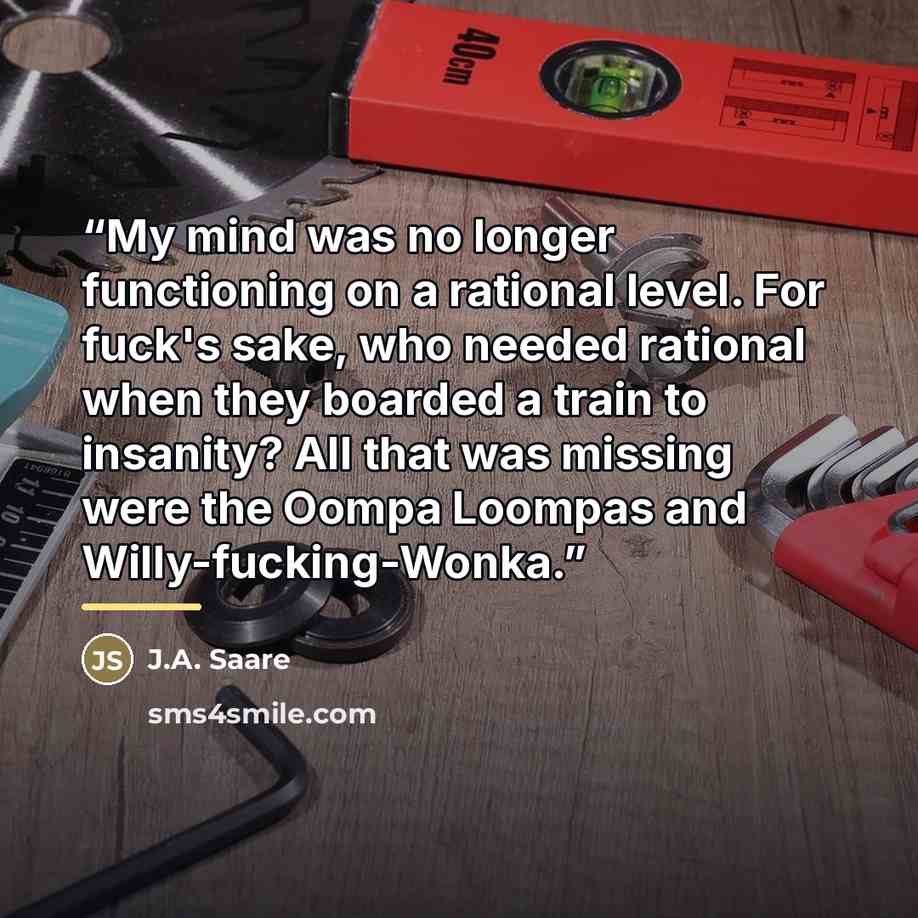 “My mind was no longer functioning on a rational level. For fuck's sake, who needed rational when they boarded a train to insanity? All that was missing were the Oompa Loompas and Willy-fucking-Wonka.” quote by J.A. Saare