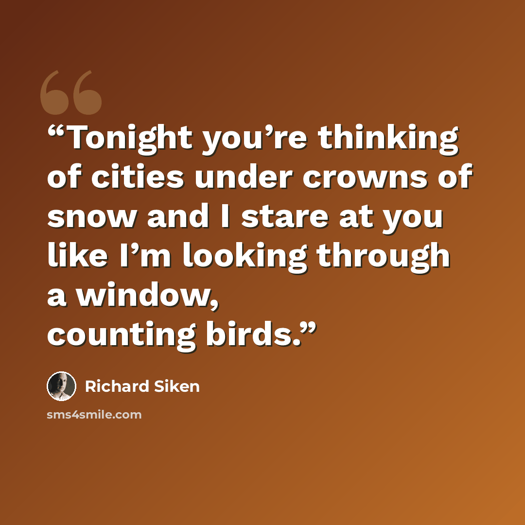 “Tonight you’re thinking of cities under crowns of snow and I stare at you like I’m looking through a window, counting birds.” quote by Richard Siken