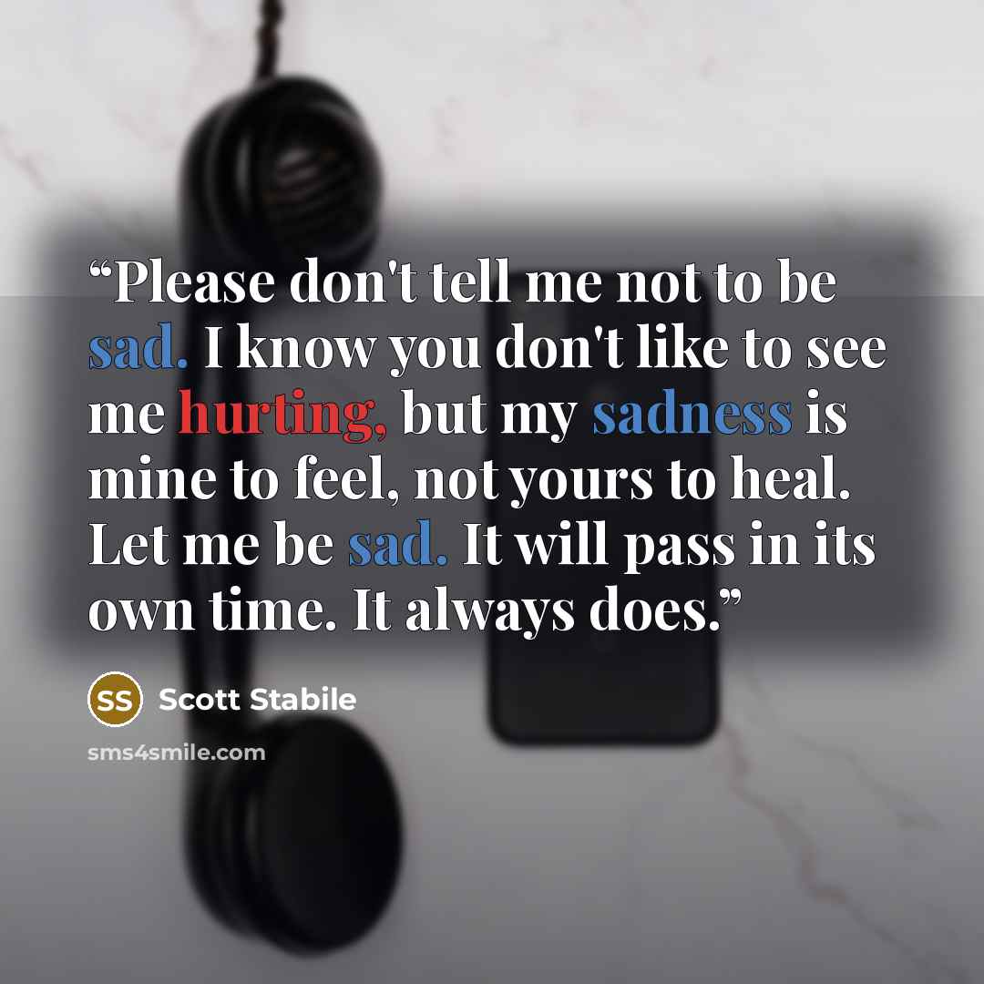 “Please don't tell me not to be sad. I know you don't like to see me hurting, but my sadness is mine to feel, not yours to heal. Let me be sad. It will pass in its own time. It always does.” quote by Scott Stabile