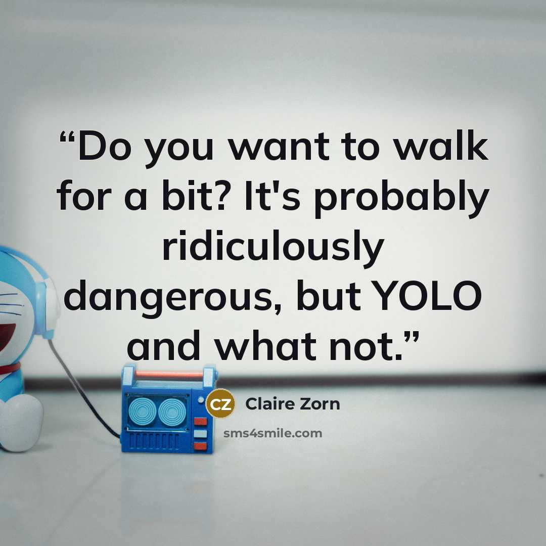 “Do you want to walk for a bit? It's probably ridiculously dangerous, but YOLO and what not.” quote by Claire Zorn