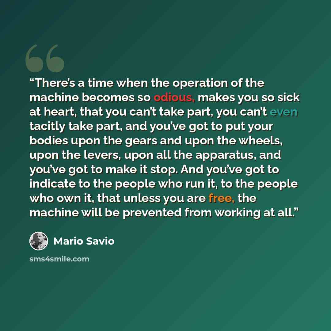 “There’s a time when the operation of the machine becomes so odious, makes you so sick at heart, that you can’t take part, you can’t even tacitly take part, and you’ve got to put your bodies upon the gears and upon the wheels, upon the levers, upon all the apparatus, and you’ve got to make it stop…” quote by Mario Savio