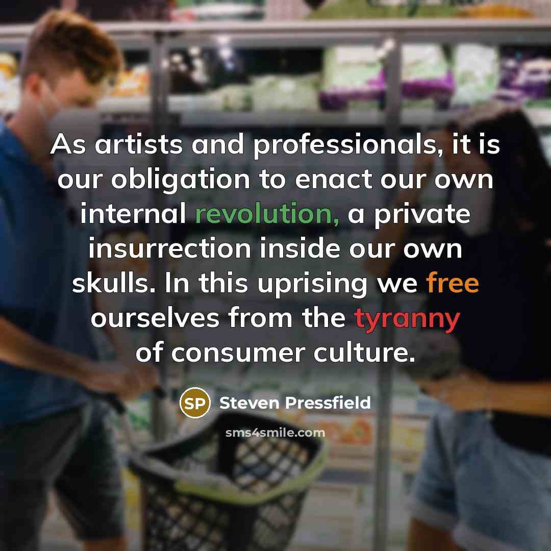 “As artists and professionals, it is our obligation to enact our own internal revolution, a private insurrection inside our own skulls. In this uprising we free ourselves from the tyranny of consumer culture.” quote by Steven Pressfield