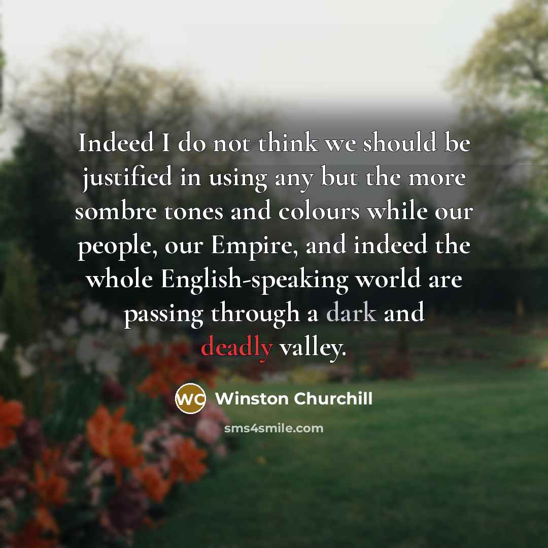 “Indeed I do not think we should be justified in using any but the more sombre tones and colours while our people, our Empire, and indeed the whole English-speaking world are passing through a dark and deadly valley.” quote by Winston Churchill