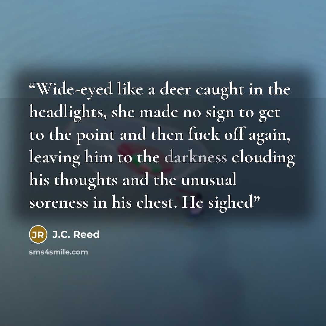 “Wide-eyed like a deer caught in the headlights, she made no sign to get to the point and then fuck off again, leaving him to the darkness clouding his thoughts and the unusual soreness in his chest. He sighed” quote by J.C. Reed