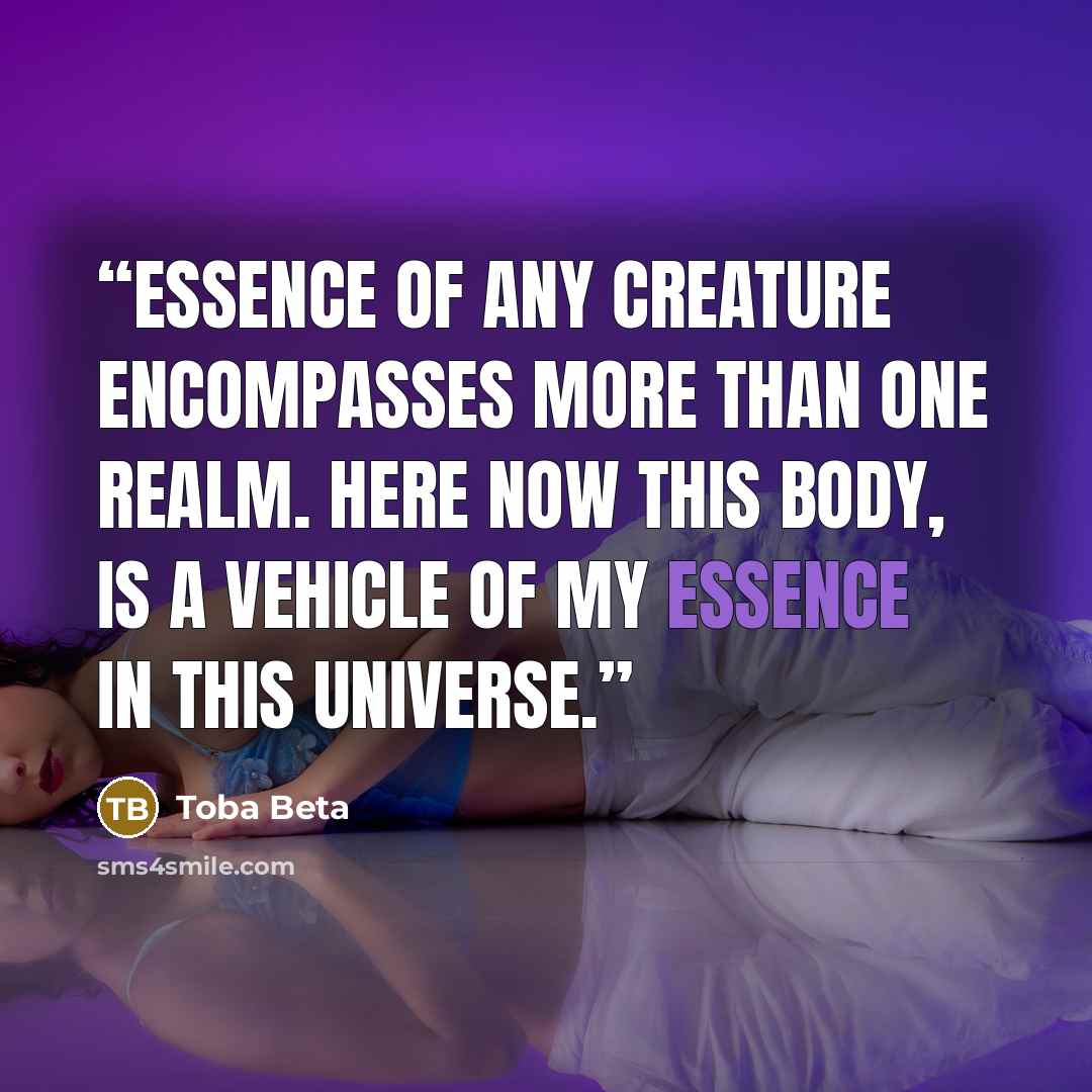 “Essence of any creature encompasses more than one realm. Here now this body, is a vehicle of my essence in this universe.” quote by Toba Beta