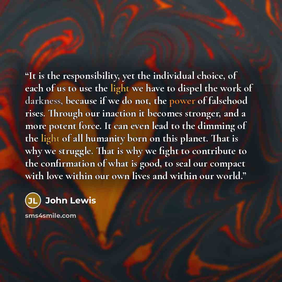 “It is the responsibility, yet the individual choice, of each of us to use the light we have to dispel the work of darkness, because if we do not, the power of falsehood rises. Through our inaction it becomes stronger, and a more potent force. It can even lead to the dimming of the light of all…” quote by John Lewis