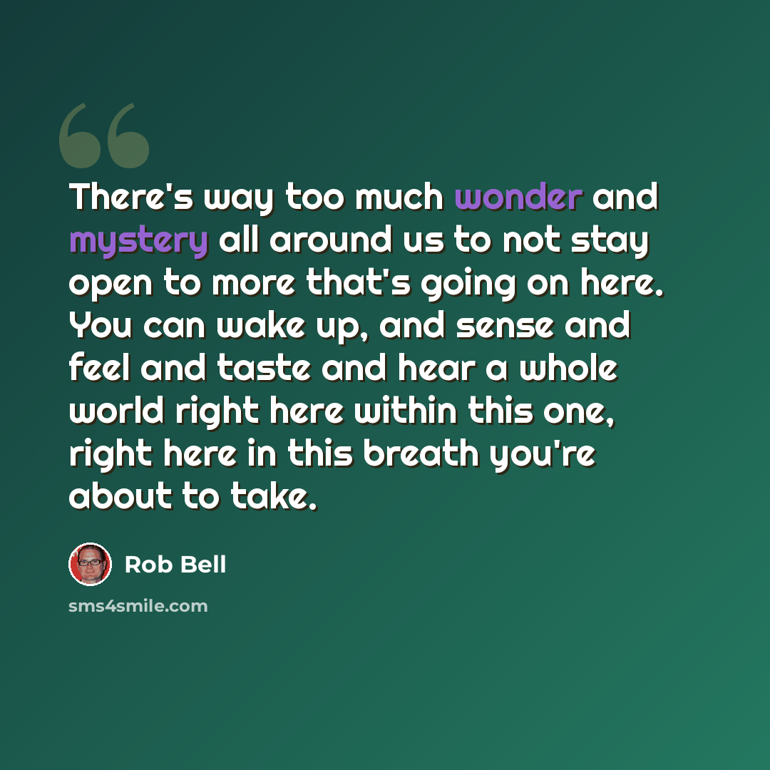 “There's way too much wonder and mystery all around us to not stay open to more that's going on here. You can wake up, and sense and feel and taste and hear a whole world right here within this one, right here in this breath you're about to take.” quote by Rob Bell