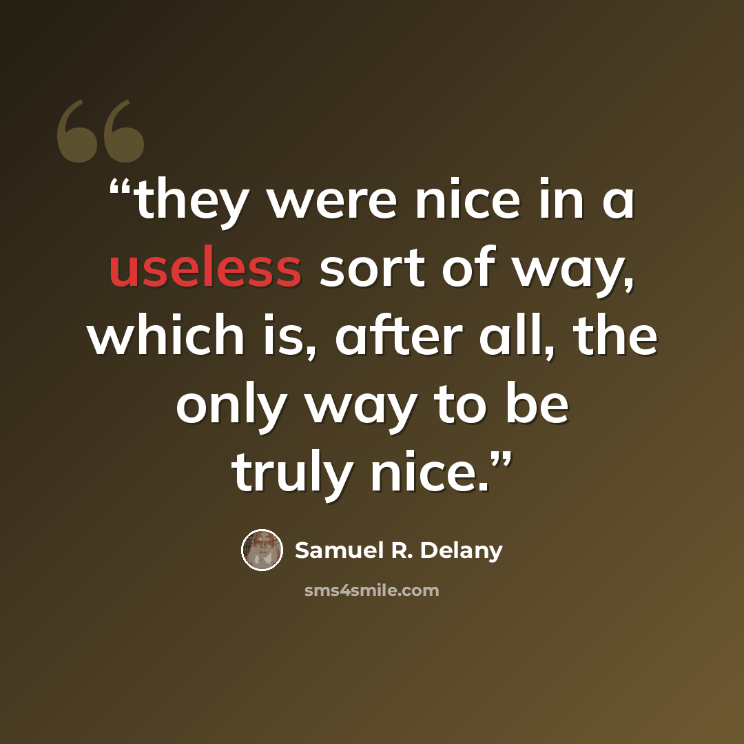 “they were nice in a useless sort of way, which is, after all, the only way to be truly nice.” quote by Samuel R. Delany