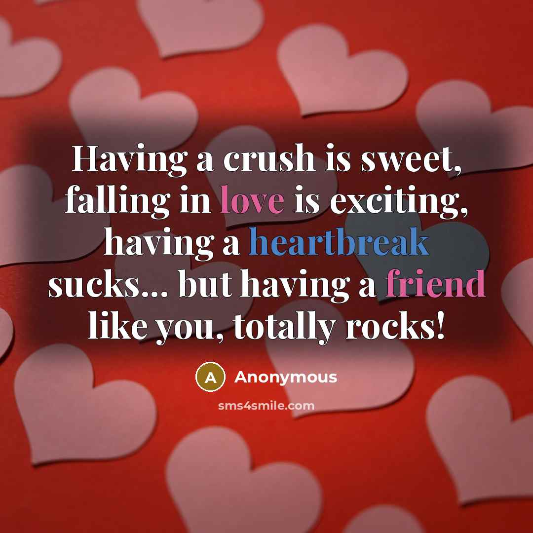 “Having a crush is sweet, falling in love is exciting, having a heartbreak sucks... but having a friend like you, totally rocks!” quote by Anonymous